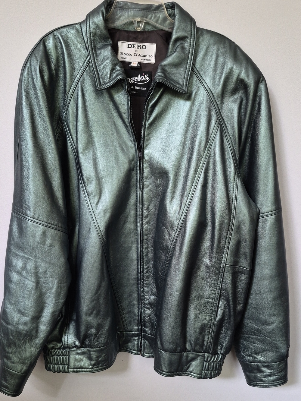 Metallic Green Leather Jacket Zip-Front Coat Men's XL 80s Classic Outerwear